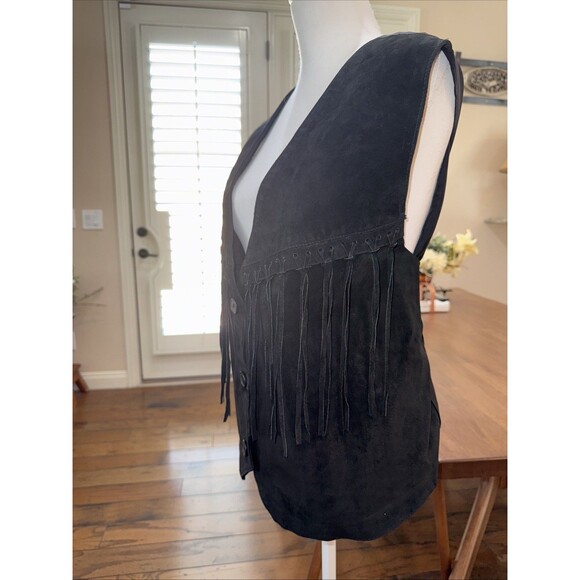 SANTA FE Women 3X Leather Suede Vest Fringe Bohemian Black Button Up Sleeveless - Picture 2 of 9
